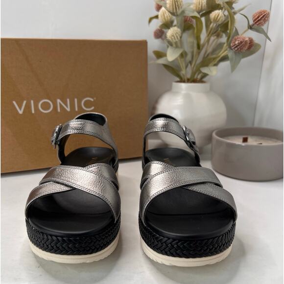 Vionic Mar Leather Strappy Platform Sandal Pewter Buckle I8675L9020 Women 6M NWB - Picture 2 of 11